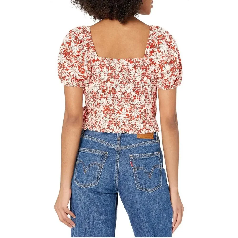 Madewell Anita Abstract Floral Linen Wrap Puff Sleeve Top XS Roasted Squash Red